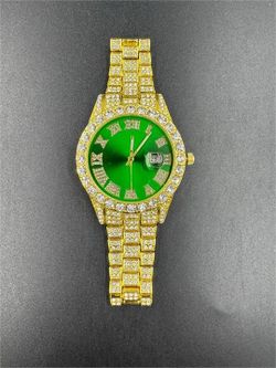 White Sapphire and Yellow Gold Overlay Green Face Watch