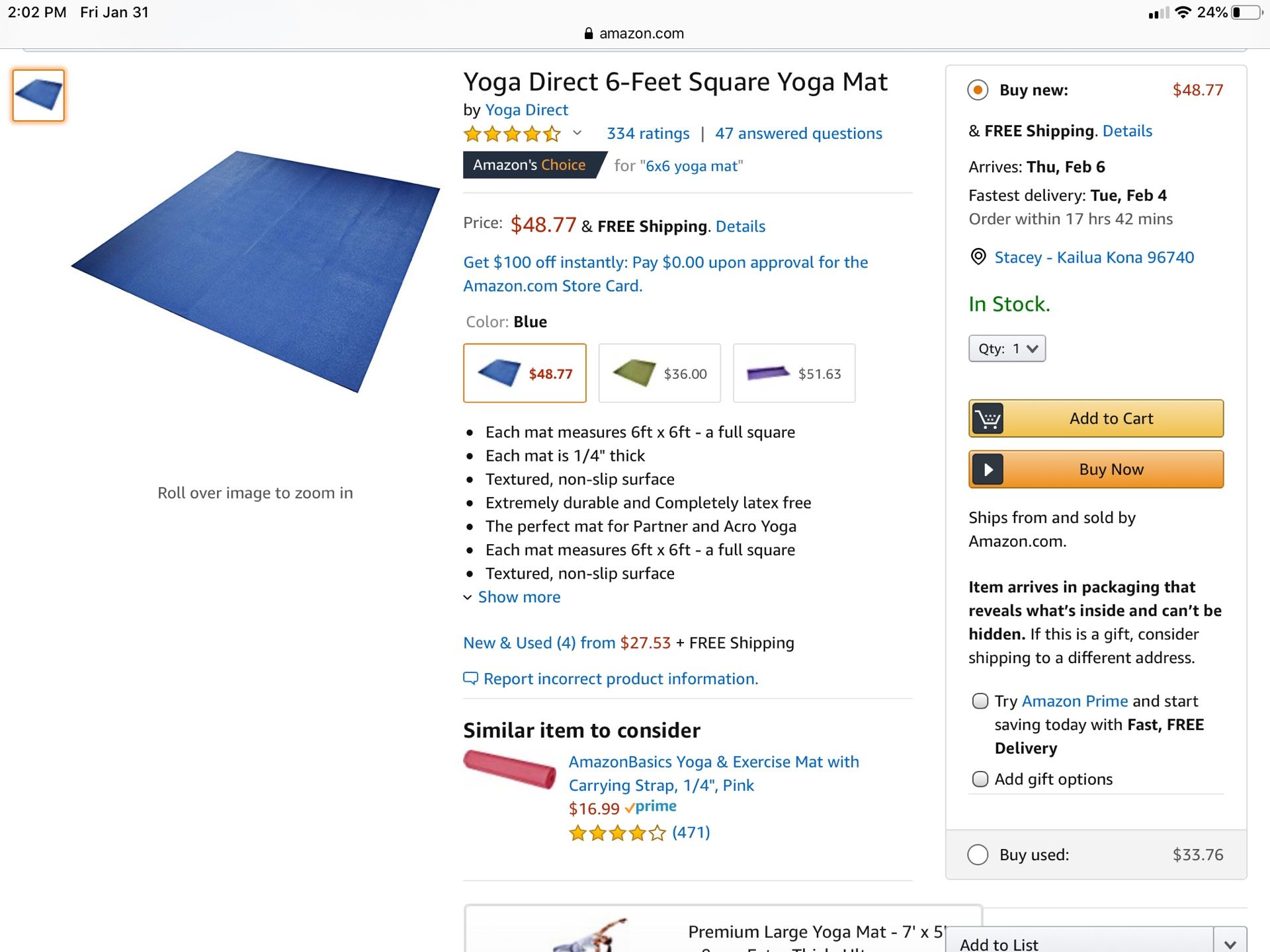 Yoga Mat 6 ft. X 6 ft.