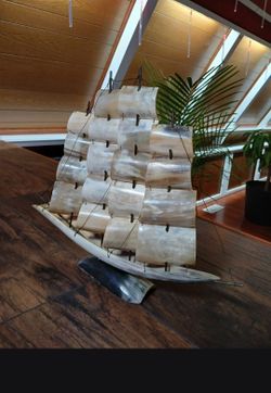 Vintage Carved Natural Horn Sailing Ship / Galleon - 17" x 14"