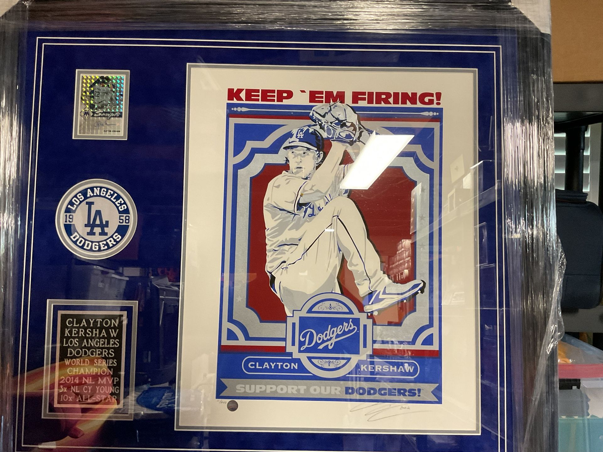 Los Angeles Dodgers Clayton Kershaw Lithograph And Autographed Card Framed.