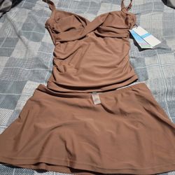 Brown Two Piece Tankini Skirt Set Size Small