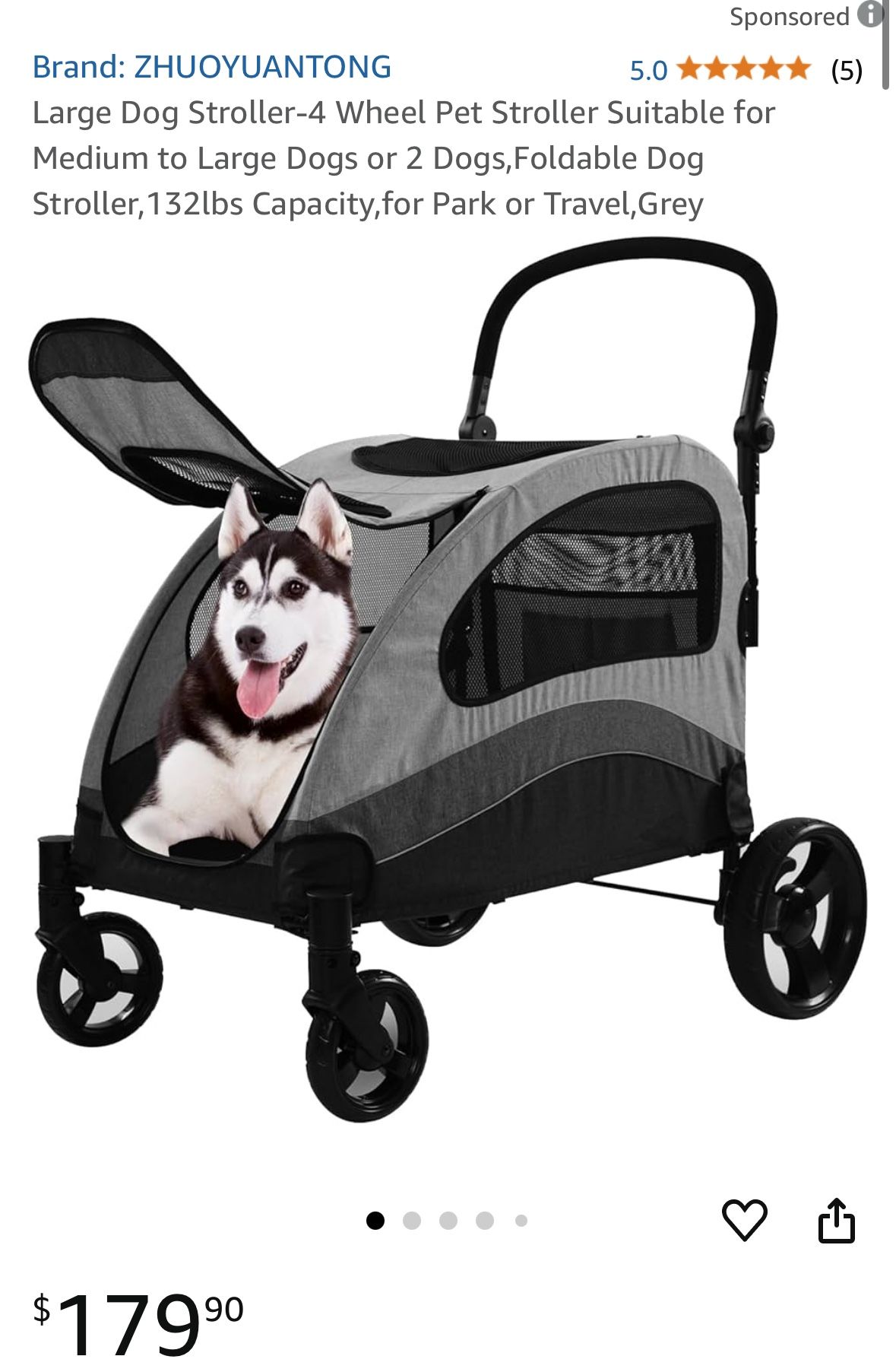 Large Dog Stroller-4 Wheel Pet Stroller Suitable for Medium to Large Dogs or 2 Dogs,Foldable Dog Stroller,132lbs Capacity,for Park or Travel,Grey
