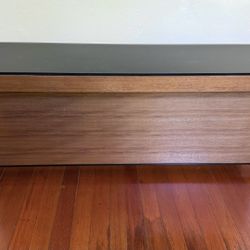 BDI Designer Desk in Black Matte Glass Top, Medium Brown Wood, & Stainless Steel
