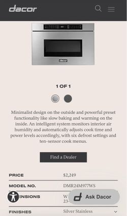 NEW DACOR DMR24M977WS Modernist Silver Stainless 24" Microwave In-A-Drawer under-counter