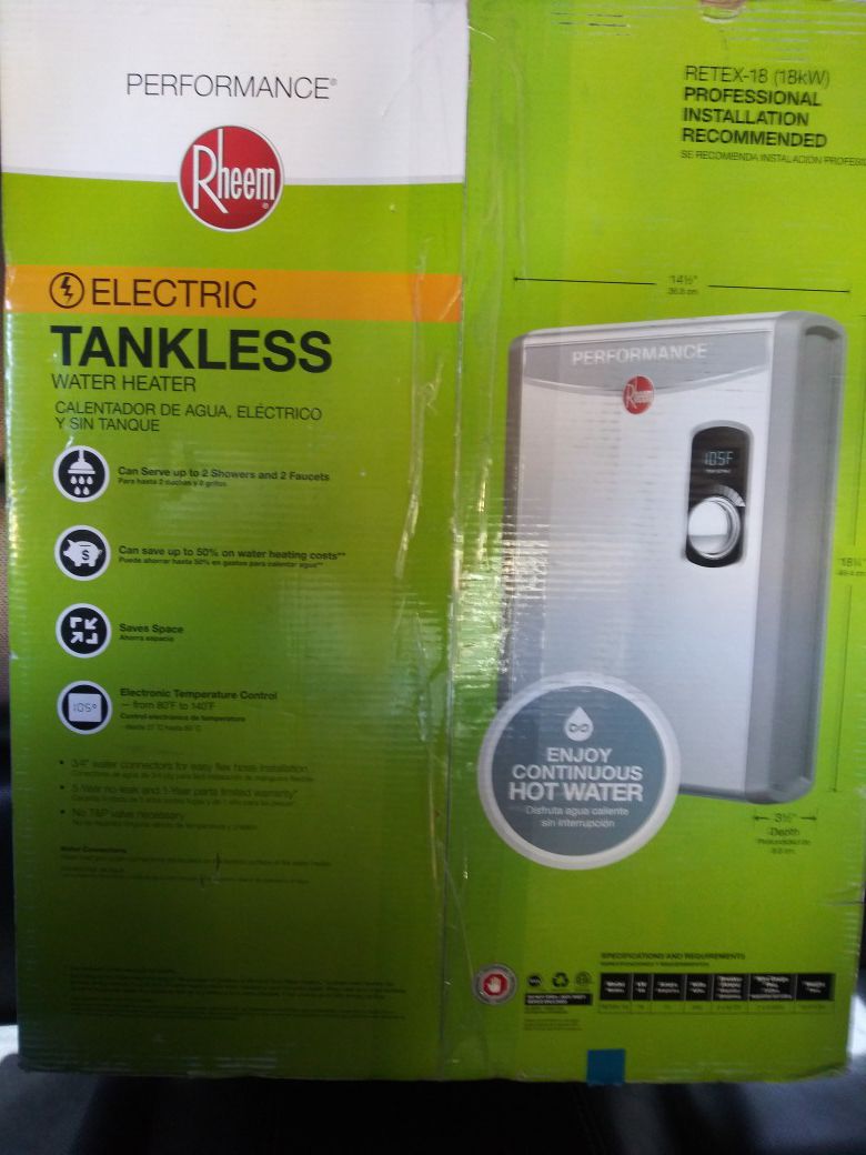 RHEEM tankless water heater .... New in box ...price negotiable