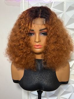 Dark Root 2x6 Closure 14 Inch Copper Auburn Kinky Curly Hair Blend Wig