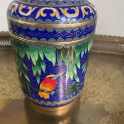 Antique Lidded Cloisonné Round Box 6”T & 4”D