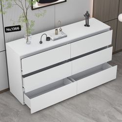 6 Drawer Dresser for Bedroom, White Handle-Free Dresser Chest with Pop-Out Drawers, Wood Storage Chest of Drawers for Bedroom Organize (59" L x 15.7" 