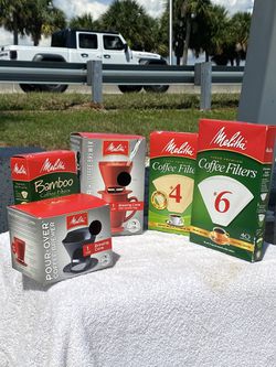 2 Melitta pour over coffee brewer with ceramic mug, 3 boxes of coffee filters