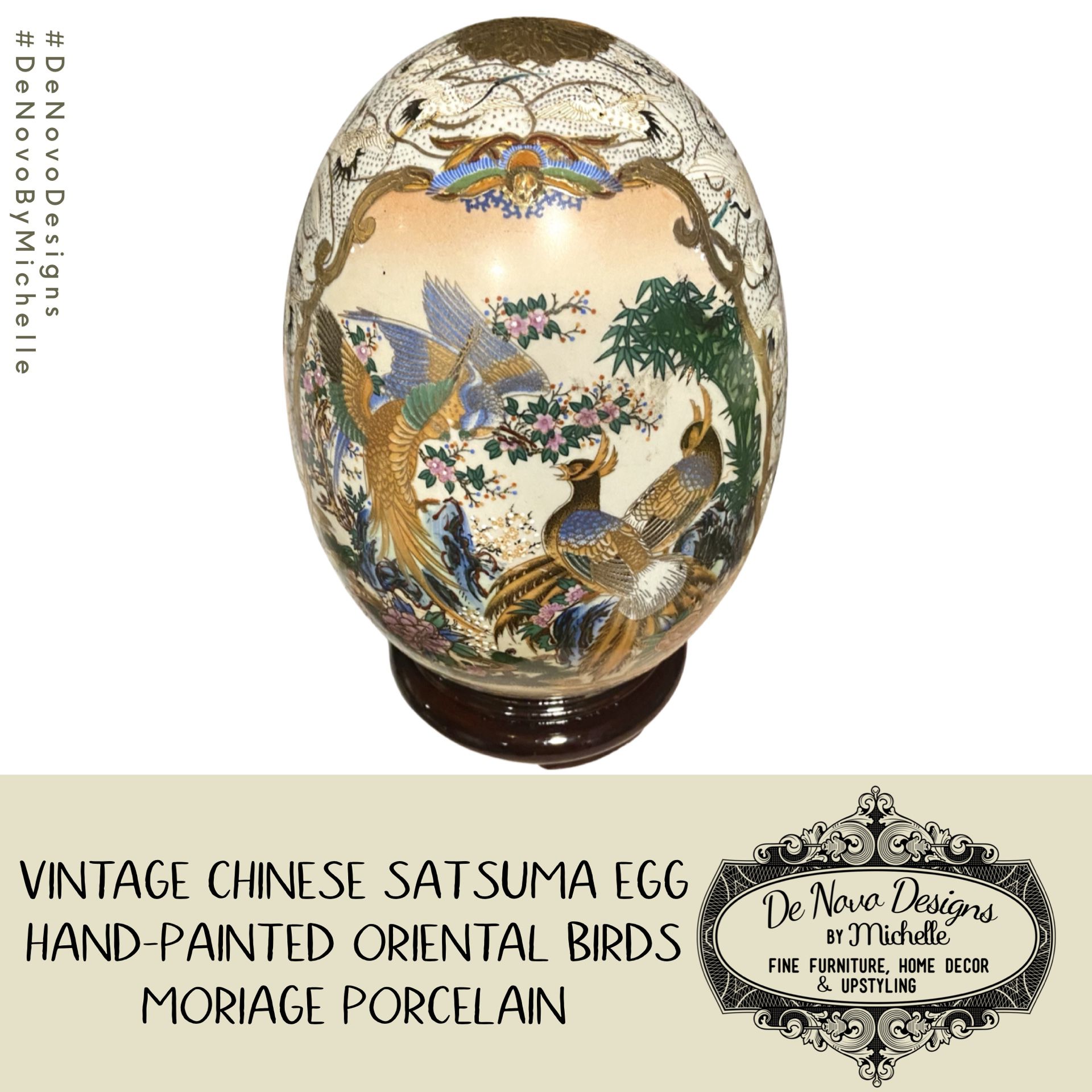 Vintage Chinese Satsuma Egg Hand-Painted Oriental Birds Moriage Porcelain