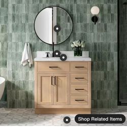 ARIEL Hepburn 36” Vanity Cabinet (No Top) - White Oak Finish