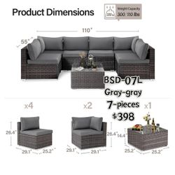 😀 7 Piece Rattan Outdoor Furniture Set, Weather-Resistant Patio Conversation Set, Outdoor Sectional Patio Sofa Set with Double Coffee Table, Dark Blu