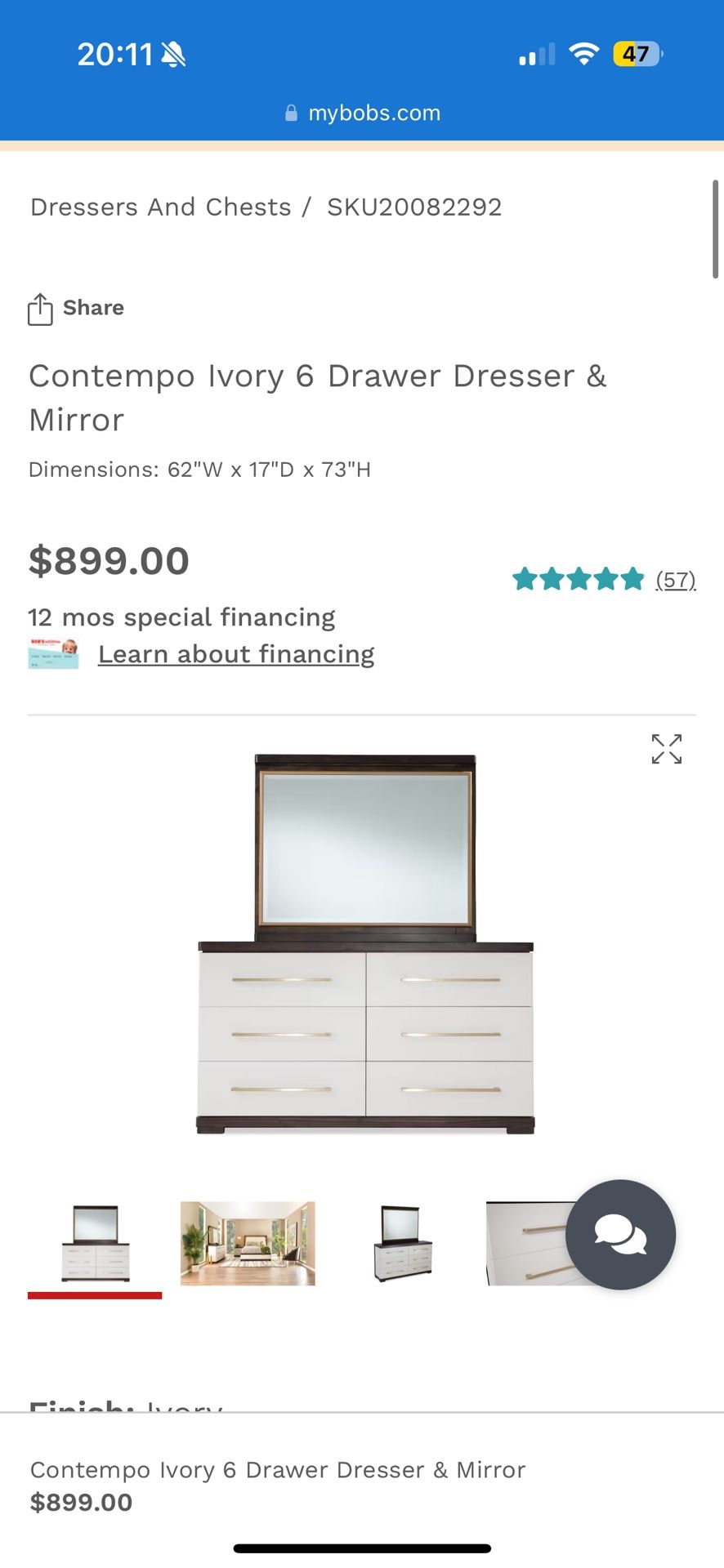Contempo Ivory 6 Drawer Dresser & Mirror