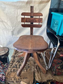 1897 Antique Industrial Mechanical Desk Chair Office Swivel tiger Wood Cast Iron Adjustable