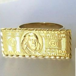 Mans woman's solid 10k yellow Gold $100 dollars bill money Ring S 7 -10