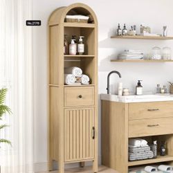 64" Tall Bathroom Storage Cabinet with Adjustable Shelves,Tall Narrow Arched Freestanding Tower Cabinet with Fluted Doors and Drawers,Spa