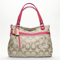 COACH 18979 Poppy Khaki/Pink Signature Optic Glam Tote Shoulder Bag 