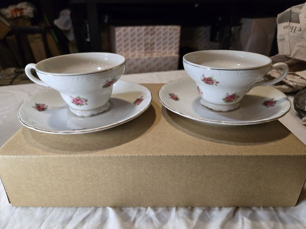 Vintage Teacup and Saucer Set, Japan, pink roses, set of 2