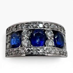 14K White Gold Band with 3 Oval Sapphires and Diamonds. (Size 6.00)