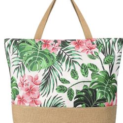 Beach Bag for Women, Large Beach Tote Bags with Zipper, Woven Straw Tote Waterproof, Swim Gym Shopping Travel Bag 