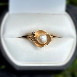 Jewelry 14k solid yellow gold natural diamonds pearl 1.30CTW flower ring size 5.50