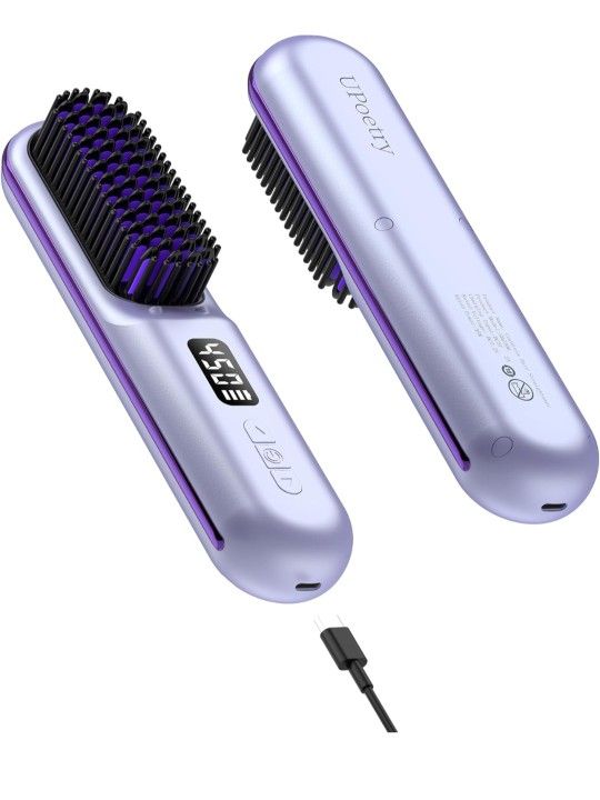 Cordless Hair Straightener Brush, Portable Mini Heated Hair Brush for Women, 9600mAh USB-C Rechargeable, Lightweight Anti-Scald Straightener for Home,