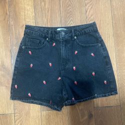 Black Denim Shorts with Strawberry Embroidery