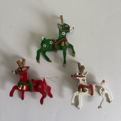 Set of 3 Vintage Wooden Christmas Ornaments - Reindeer - Hand-Painted - Made in Taiwan (Republic of China)