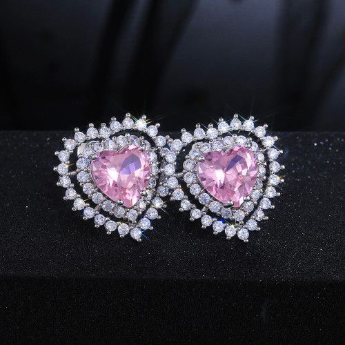 "Zircon Stone Pink Heart Stud Earrings For Women, VP1012
 
 