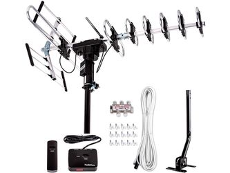 Five Star Motorized Outdoor TV Antenna 360° Rotation, 4K/1080P, Up To 200 Mile Long Range, UHF/VHF/FM + Remote, 40 FT RG6 Cable + Kit + J-Pole