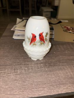 Fenton Milk Glass Cardinal Fairy Lamp – Hand-Painted & Signed