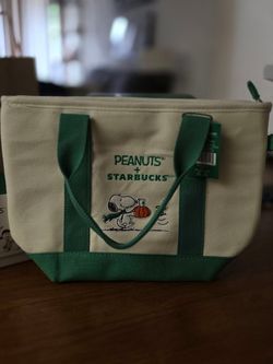 Starbucks Peanuts Snoopy Canvas Tote Bag Green White Pumpkin Woodstock NEW 2026
