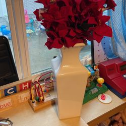 Big Ceramic Vase With Artificial Poinsettias 24” Inches Tall