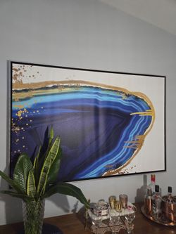 Large Abstract Blue and Gold Framed Canvas Art