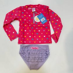 Rufflebutts Toddler Girls Sz 4T Swimsuit Rash-guard two piece Hearts Pink Purple