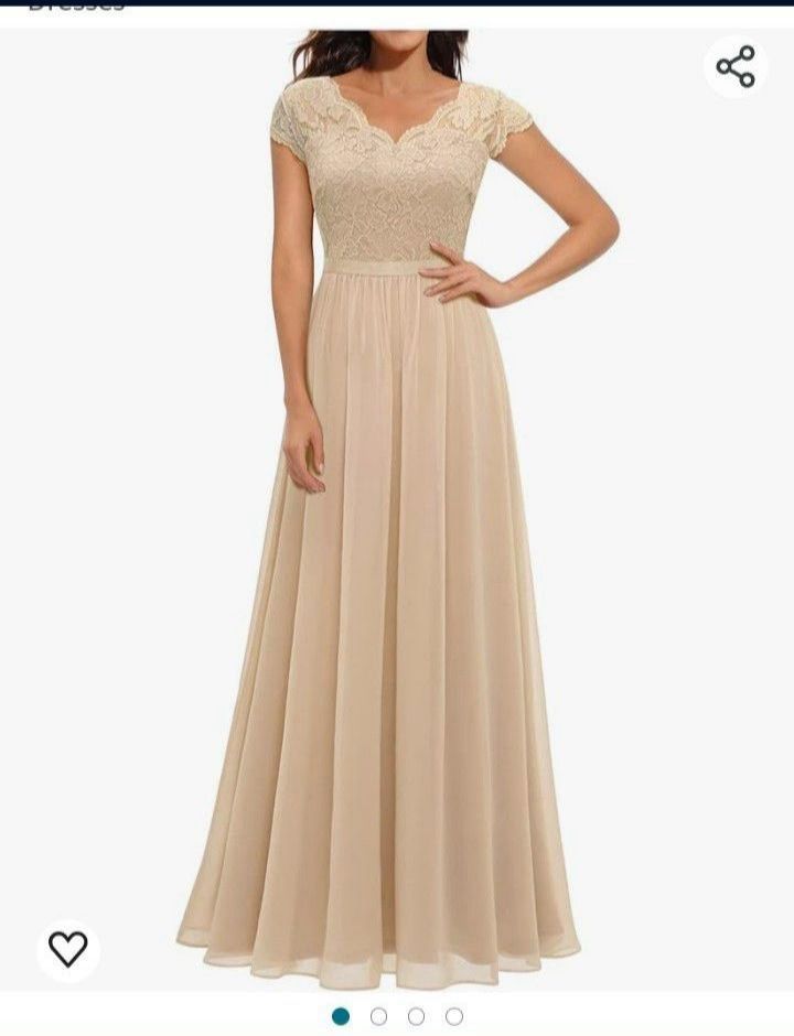 Womens Long V-Neck 3/4 Sleeve Bridesmaid
Prom Gown Maxi Dress Lace Patchwork Chiffon Solid Formal Dresses