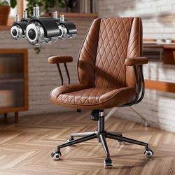 New assembled Brown Leather Office Desk Chair with Quiet Rubber Wheels, Height Adjustable, Padded Arms, Vintage Mid Century Office Chair, Retro Style 