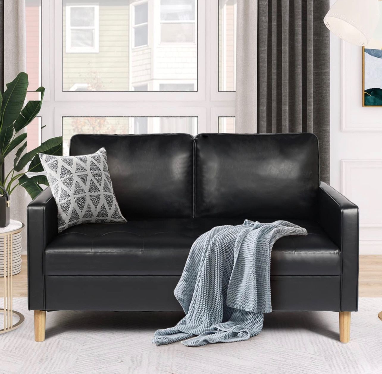 57" 2-Seat Mid-Century Loveseat Faux Leather Sofa Couch with Armrest, Black