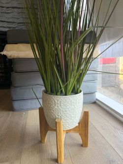 Faux Grass Plant with Ceramic Pot and Wood Stand