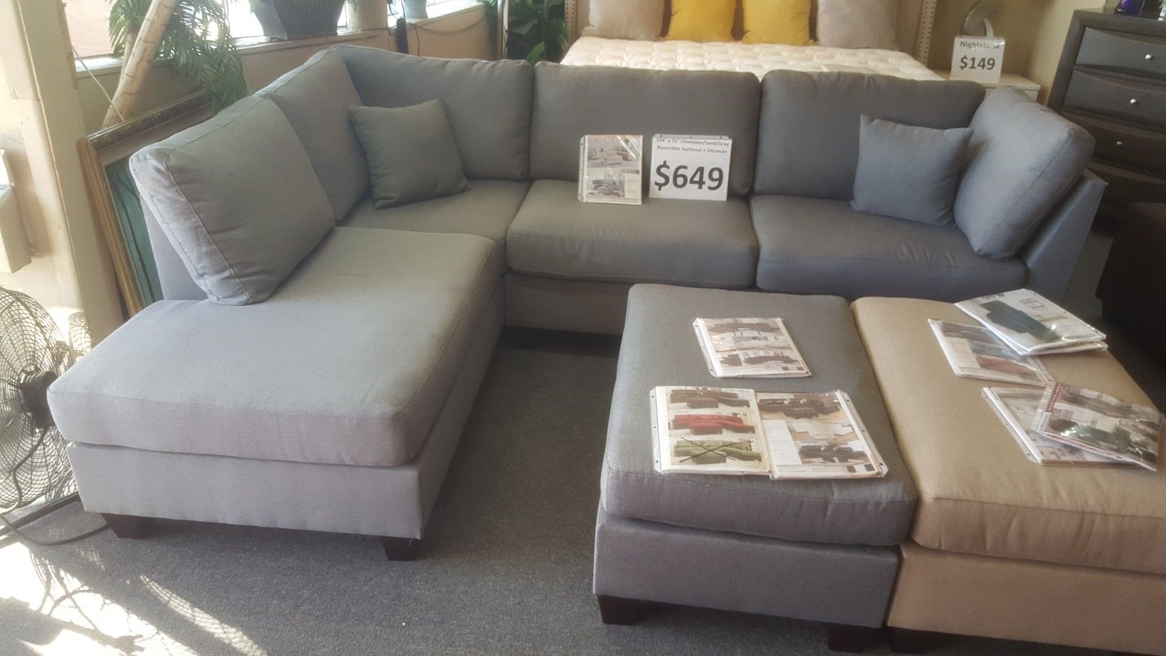 Brand new grey or brown linen reversible sectional + ottoman