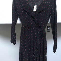 New with Tag EXPRESS Polka Dot Ruffle Front Dress - Navy Blue / Red - XXS