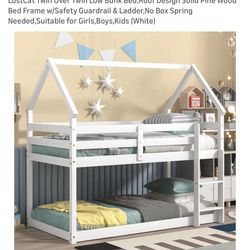 LostCat Twin Over Twin Low Bunk Bed, Roof Design Solid Pine Wood Bed Frame w/Safety Guardrail & Ladder,No Box Spring Needed,Suitable for Girls,Boys,Ki