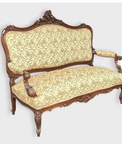 Antique Carved Walnut Victorian Upholstered Sofa Settee