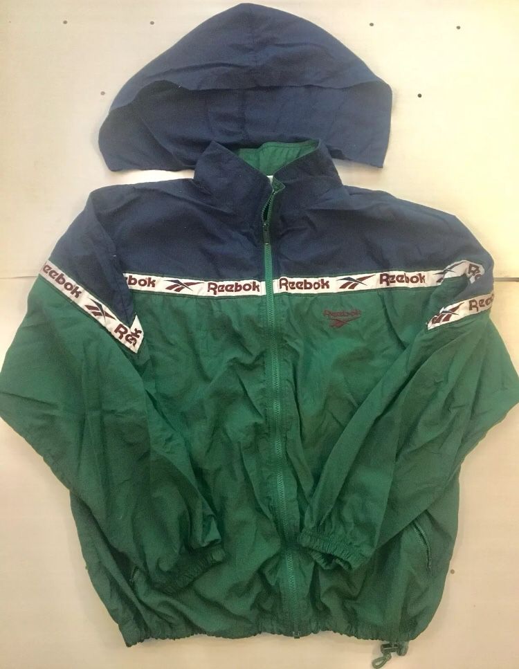 Reebok Classic Windbreaker Vintage Track Suit Jacket Sz XL Green & Blue Detachable hood Draw string at bottom of jacket In excellent c