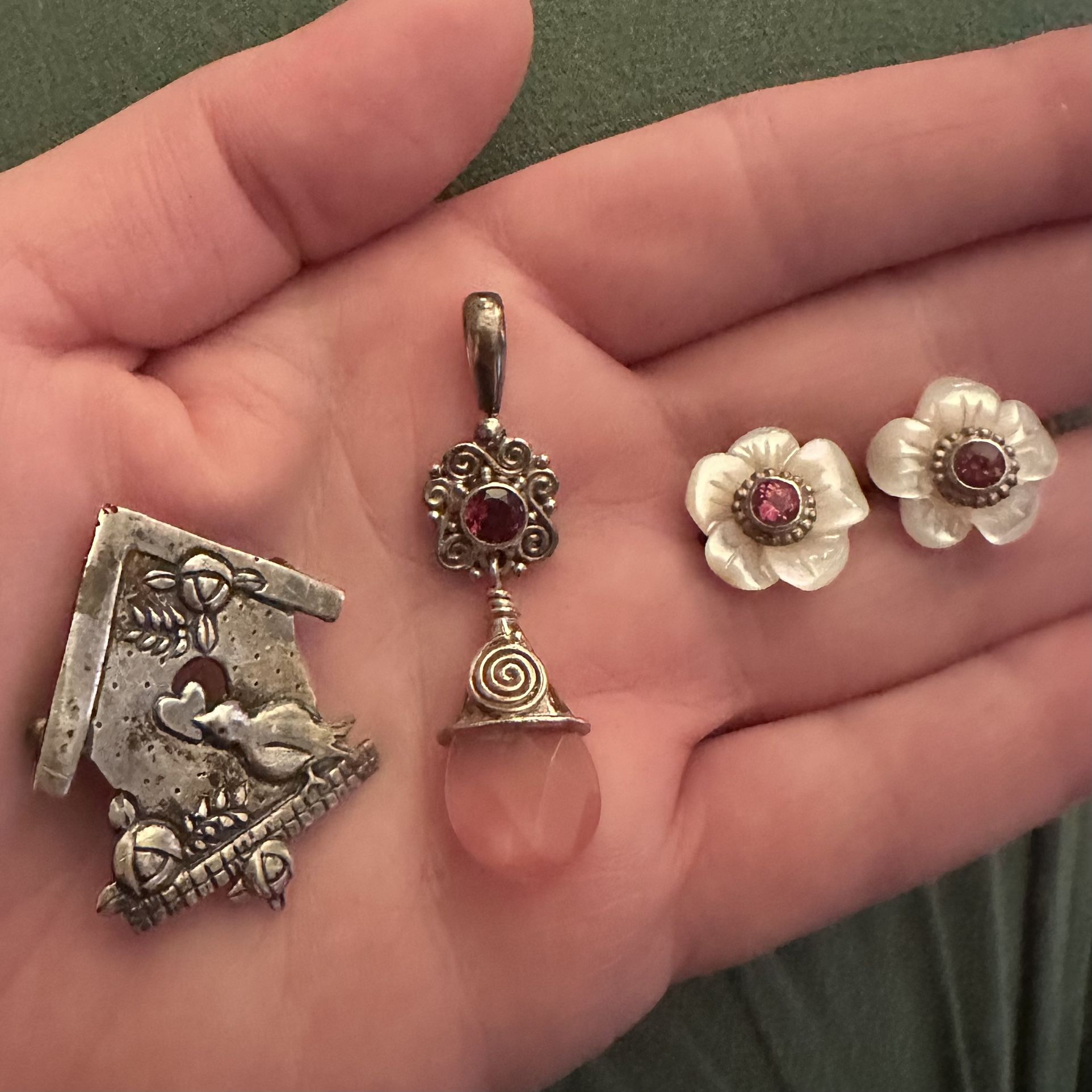 Sterling Jewelry Lot Designer Birdhouse Brooch Pink Quartz w Garnet Pendant & MOP Flower Earrings 