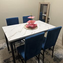 Marble Table &  Blue Chairs Set 