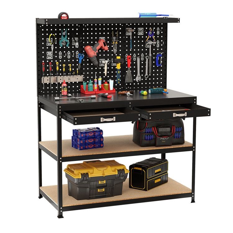 New Heavy Duty 48" x 24" Workbench Heavy-Duty WorkTable with 3 PCs Pegboard Drawer & Shelves Black New in box TH10086BK This robust and versatile 48