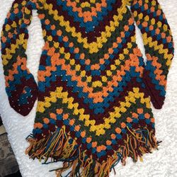 Handmade Custom Granny Square Poncho Sweater Dress With Fringe 