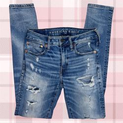American Eagle AirFlex 350 Light/Medium Wash Distressed Skinny Jeans | 29 x 32