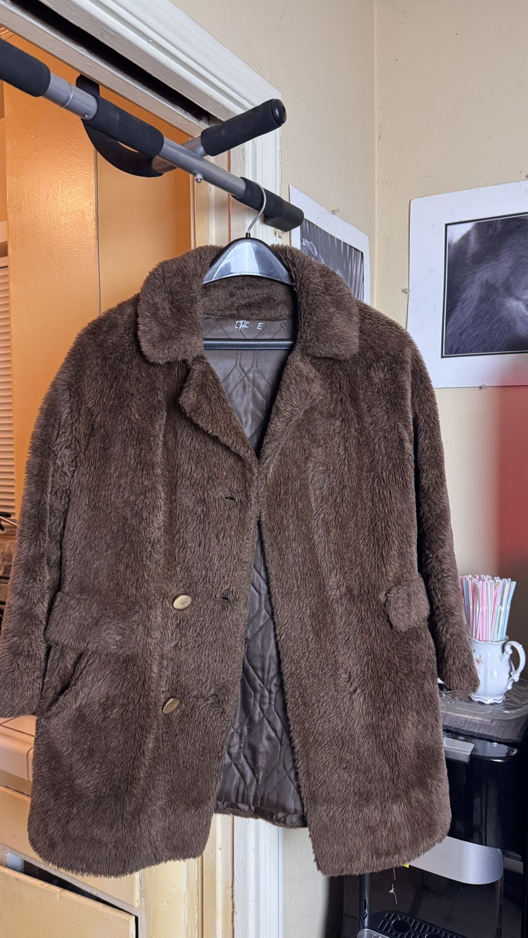 Vintage Faux Fur Brown Coat with Button Closure 1970s
